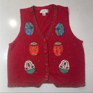 Vintage Victoria Harbor Red Embroidered Christmas Beaded Vest sweater Large